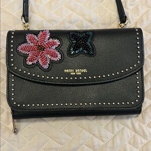 Henri Bendel Black Crossbody with Floral Accents and Detachable Wallet